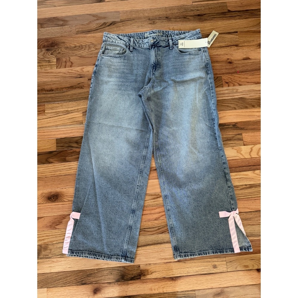 No Boundaries Side Bow Baggy Jeans Light Stone Wash Wide Leg Pink Bows Size 14